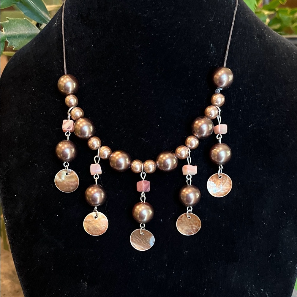 Elegant Brown Faux Pearl Necklace with Shell Accent Discs